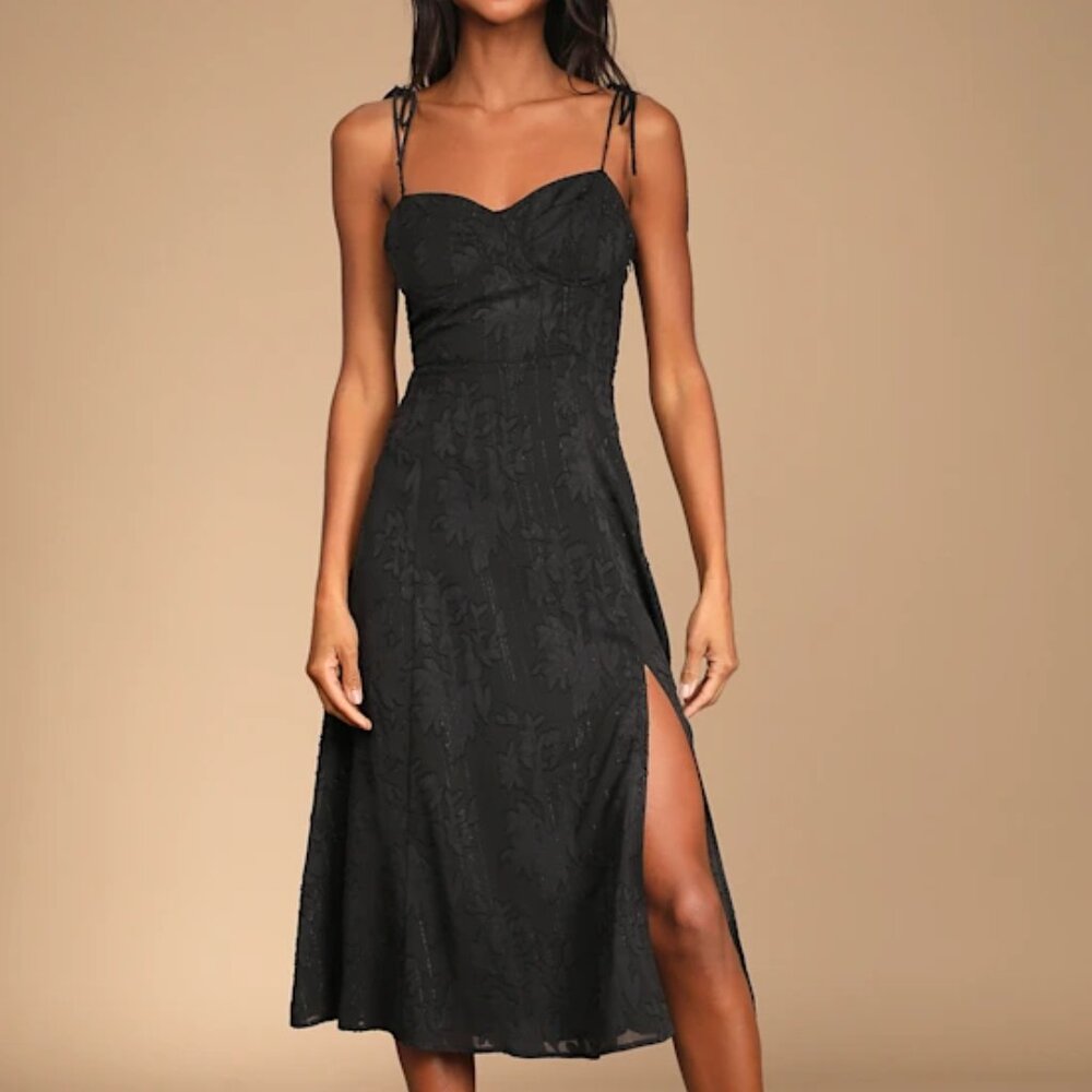 Lulus Loveliest Looks Black Floral Jacquard Tie-Strap Midi Dress | NWOT | L